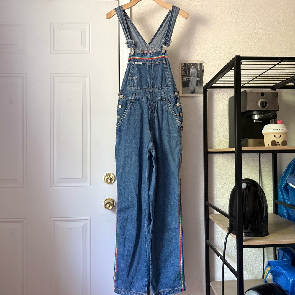 REVOLT vintage y2k blue denim rainbow stripe cotton‎ overalls jumpsuit